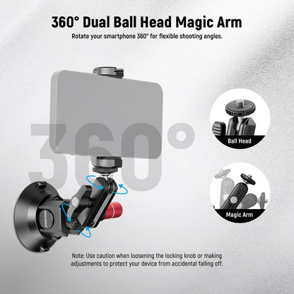 Neewer 3" Suction Cup Camera Mount Bracket with Ball Head Magic Arm, Quick Release Car Mount For iPhone DJI Insta360