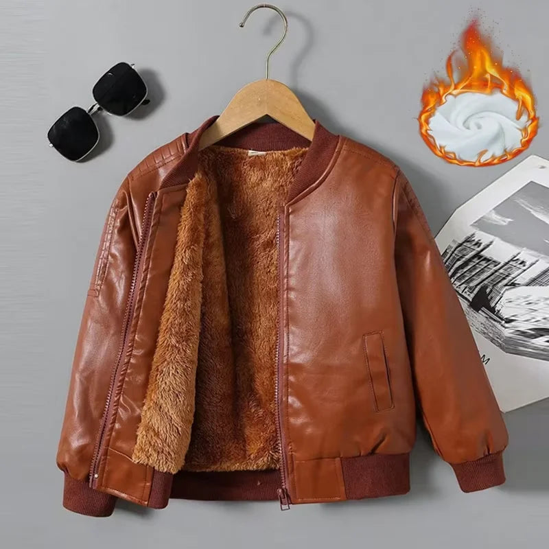 Kids PU Leather Jacket Boys Girls Plus Velvet Thick Warm Coat Autumn Winter Fashion Outerwear Children Casual Clothing 2-14Y