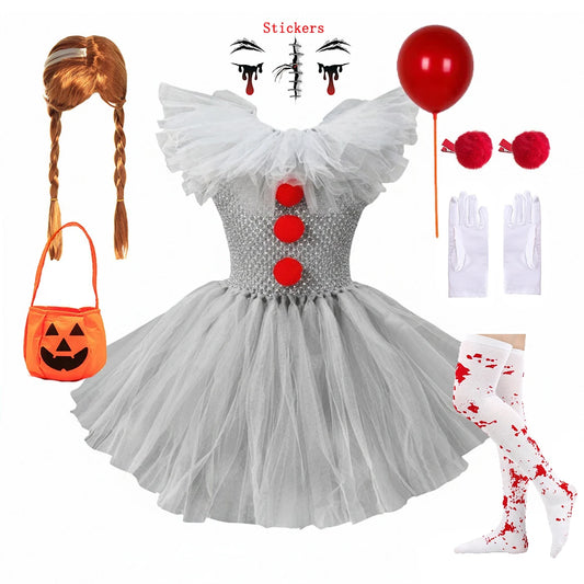 Kids Girls Creepy Clown Fancy Costume Gray Tulle Tutu Dress Cosplay Outfit for Halloween Carnival of The Dead Stage Party Wear