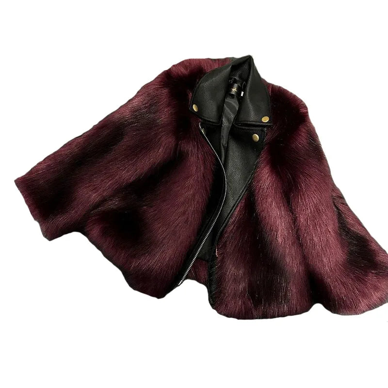 Kids Faux Fox Fur Jacket Short Thickened Biker Coat Leather & Fur Blend Outerwear for Boys Girls