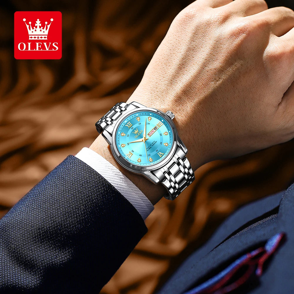 OLEVS 5513 Exclusive Original Quartz Watch for Men Diamond Roman Scale Waterproof Wristwatch Dual Calendar Stainless Steel Watch