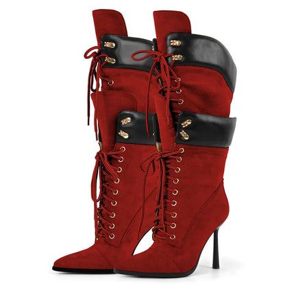 Onlymaker Women Pointed Toe Double Stiletto Heel Lace Up Mid-Calf Boots Faux Suede Nightclub Party  Daily Heel Stylish  Boots