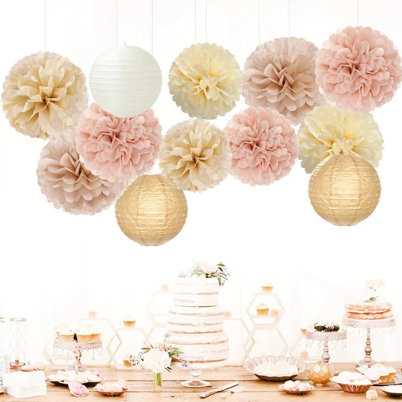 Champagne Gold and White Party Decorative Paper Flower Lanterns - 15 Pieces Bohemian Autumn Rustic Paper Tissue Pom-Poms with Ribbons, Wedding Baby Bridal Shower Unisex Autumn Birthday Hanging Decorations