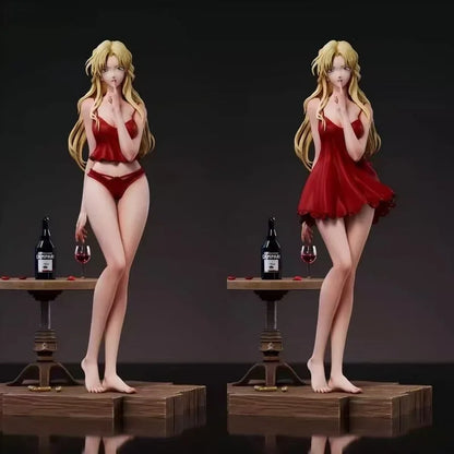 Vermouth Detective Conan anime figure in red dress with wine glass, high-quality PVC collectible model for anime collection enthusiasts.