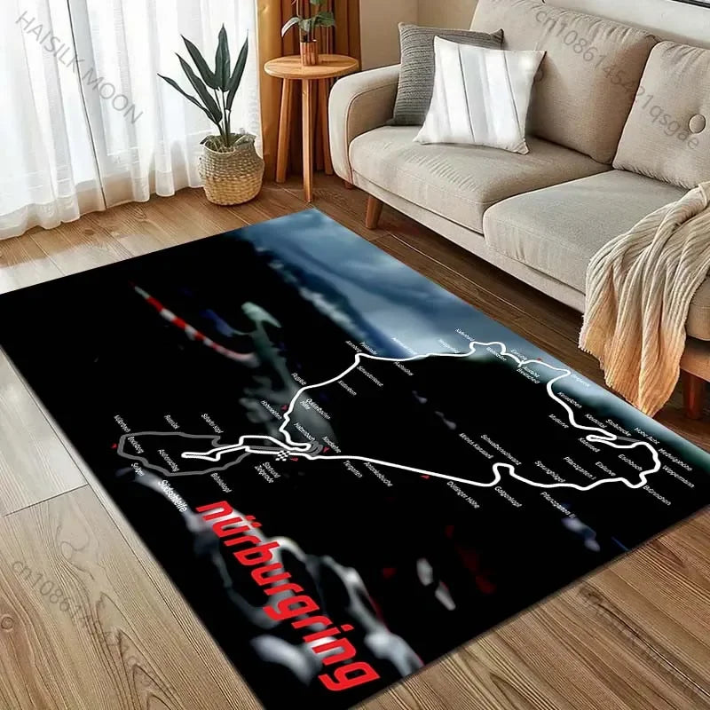 Race Track Inspired Area Rug – F1 Style Circuit Carpet for Living Room & Bedroom, Non-Slip Washable Large Floor Mat