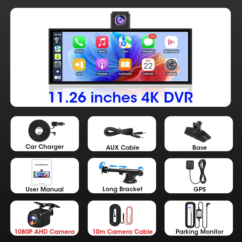 11.3 inch 4K Car DVR Carplay Android Auto Rotatable Lens Dashcam GPS Navigation Dashboard FM AUX Rear Camera Video Recording