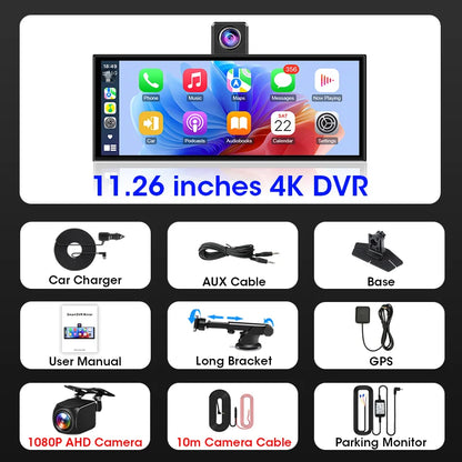 11.3 inch 4K Car DVR Carplay Android Auto Rotatable Lens Dashcam GPS Navigation Dashboard FM AUX Rear Camera Video Recording