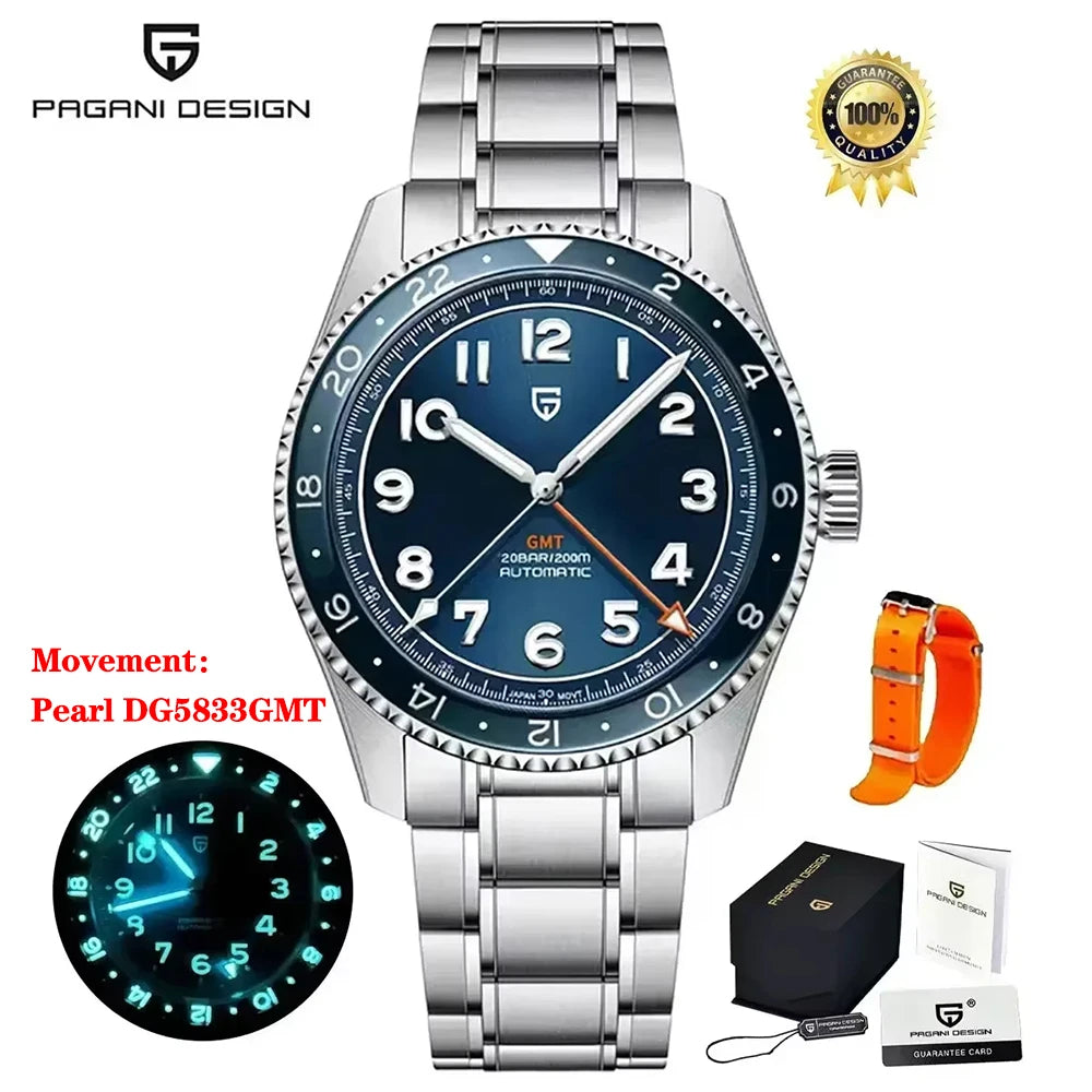 PAGANI DESIGN GMT Automatic Watch For Men 40MM Vintage Dial Sapphire 200M Waterproof Luminous Stainless Mechanical Wristwatch