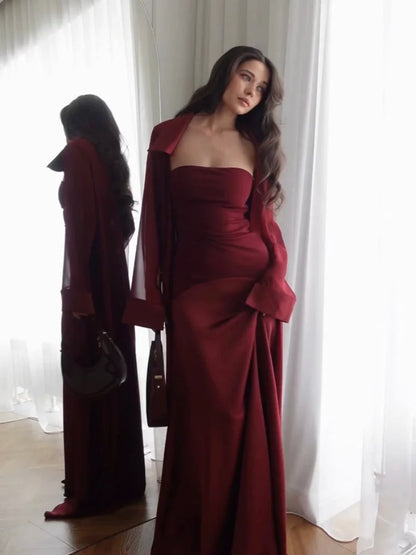 Retro Elegant Gown Modest Satin Sexy Trendy Women Maxi Dress Holiday Party Stylish Chic Minimalist Ladies Evening Outfit