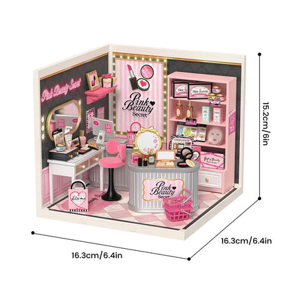 Rolife Pink Beauty Secret Super Creator DIY Miniature House Kit Model Kits for Adults to Build Home Desk Bookshelf Decoration