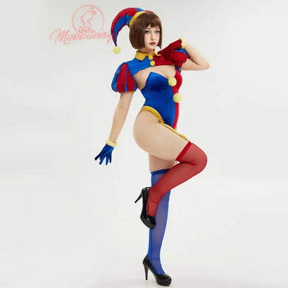 MOBBUNNY Halloween Clown Cosplay Costume Women's Lingerie Set Blue Red Bodysuit and Mini Skirt with Gloves and Hat