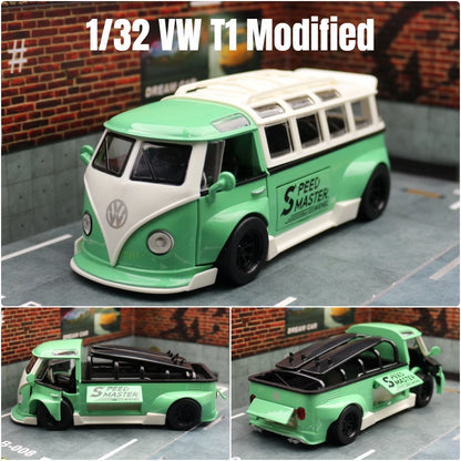 1/32 Volkswagen T1 Minibus Samba JDP Modified Toy Car For Children Diecast Miniature Model Sound & Light Collection Gift Boys