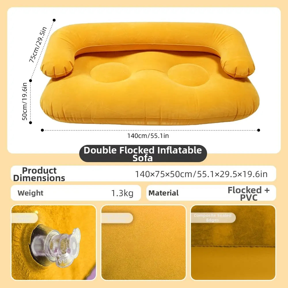 Inflatable Double Sofa 2 Person Air Couch Thickened PVC Flocking Portable Foldable Lazy Sofa Waterproof Inflatable Lounger