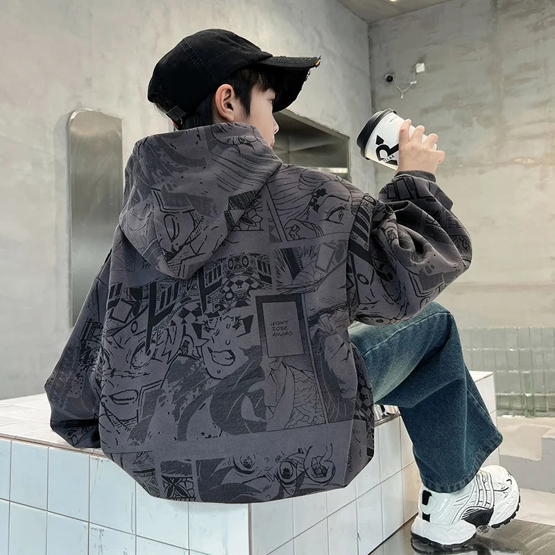 Spring Autumn Children New Arrivals In Hoodies and Sweatshirts For Teenage Boy Fashion Printed Hooded Coat Kids Casual Outfits