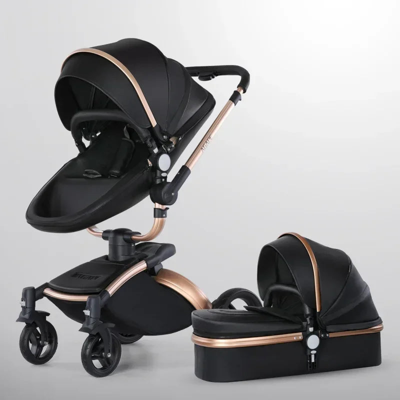 Baby Stroller 3in1 Two-way High Landscape Baby Carriage PU Leather Foldable Shock-absorbing Eggshell Stroller 2in1