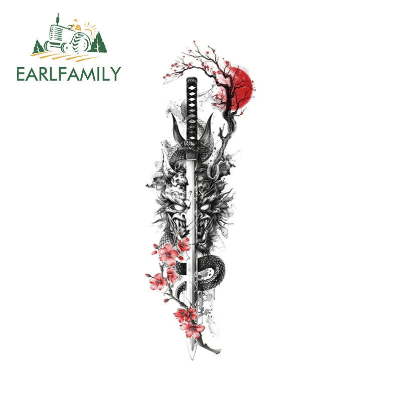 EARLFAMILY Samurai Theme Katana Design Car Stickers Cool Cartoon Picture Decal Amusing Motorcycle Car Body Occlusion Scratch