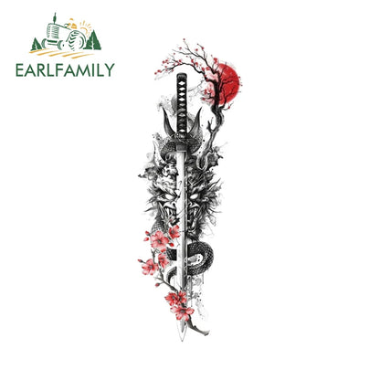 EARLFAMILY Samurai Theme Katana Design Car Stickers Cool Cartoon Picture Decal Amusing Motorcycle Car Body Occlusion Scratch