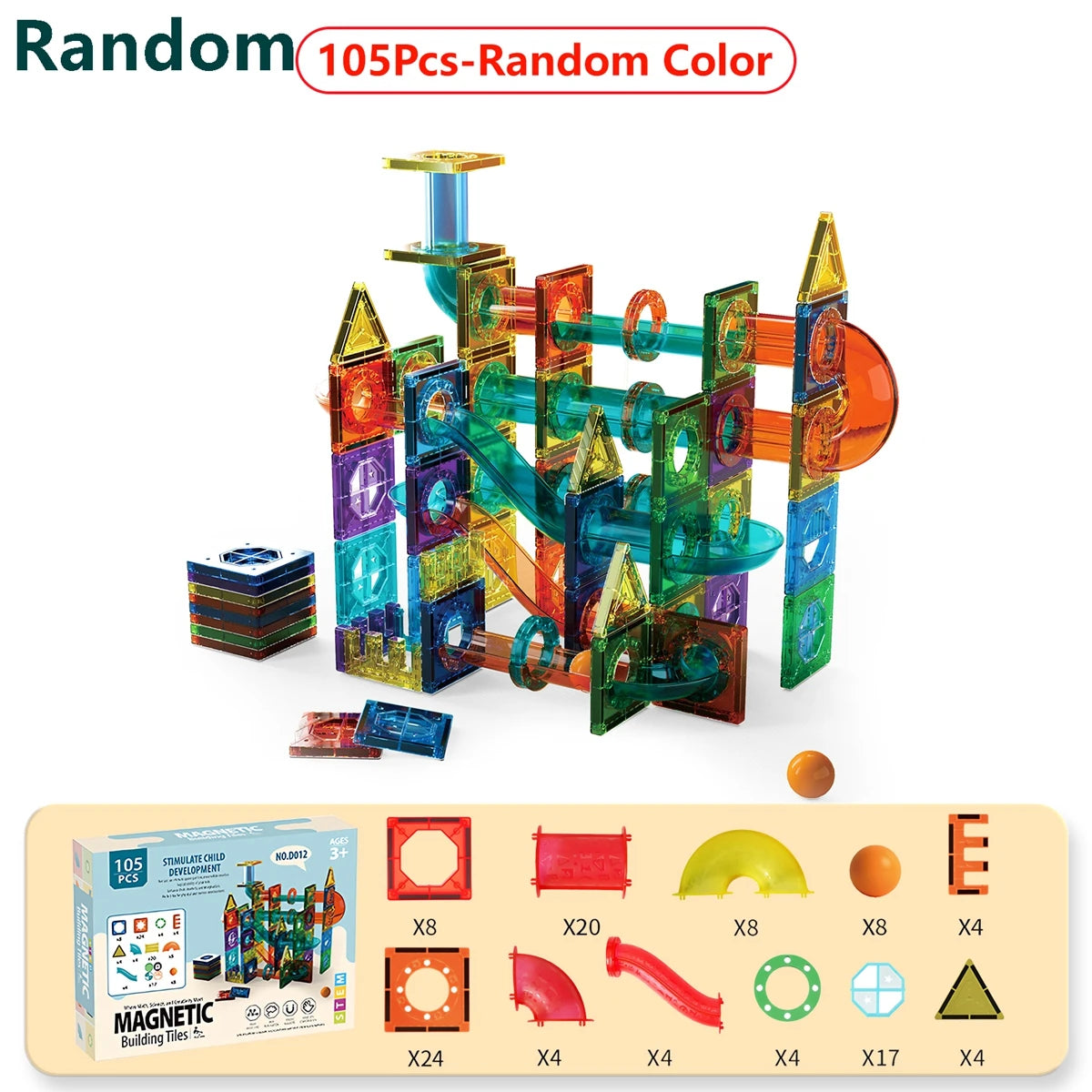 Magnetic Tiles Marble Run Toy 3D Clear STEM Educational Pipe Track Ball Building Blocks Kids 3+ Brain Development Kit