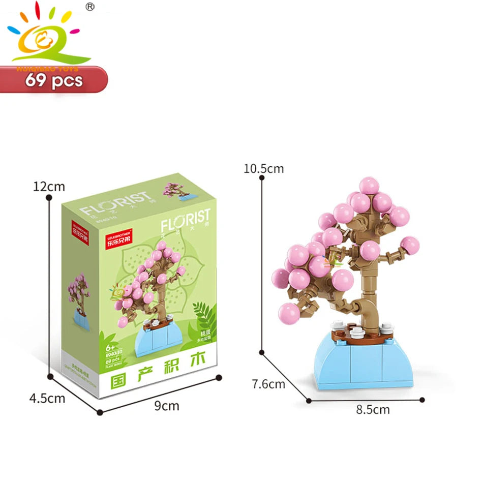 HUIQIBAO MOC Flower Succulent Potted Model Building Block DIY Eternal Bouquet Home Desk Plant Decor Brick Girl Gift Children Toy