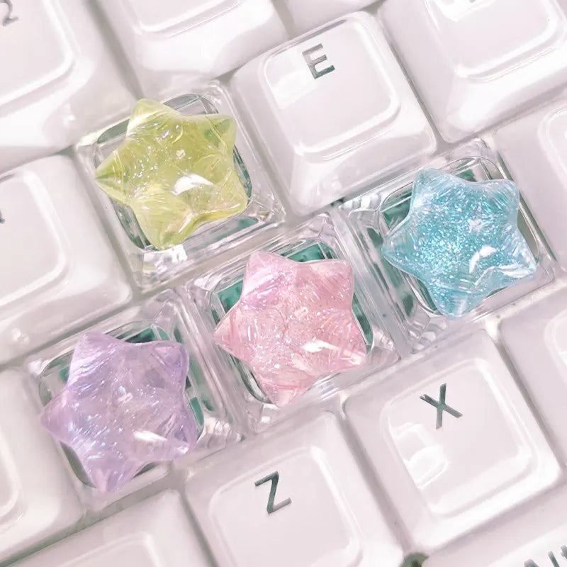 4pc Personalized Backlit Star Glitter Keycap Transparent Cute WASD Direction Key for Mechanical Keyboard Game Office Accessories