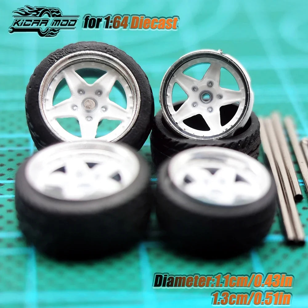 Kicarmod 1/64 Model Car ABS Wheels with Rubber Tire Metal Rims Front Small Rear Large Refitting Parts For Model Car