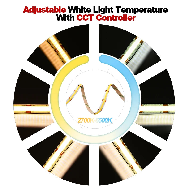 COB CCT LED Strip Lights 608 LEDs/m High Density Flexible Dimmable FOB Led Tape 2700K to 6500K Changeable Lighting DC12V 24V