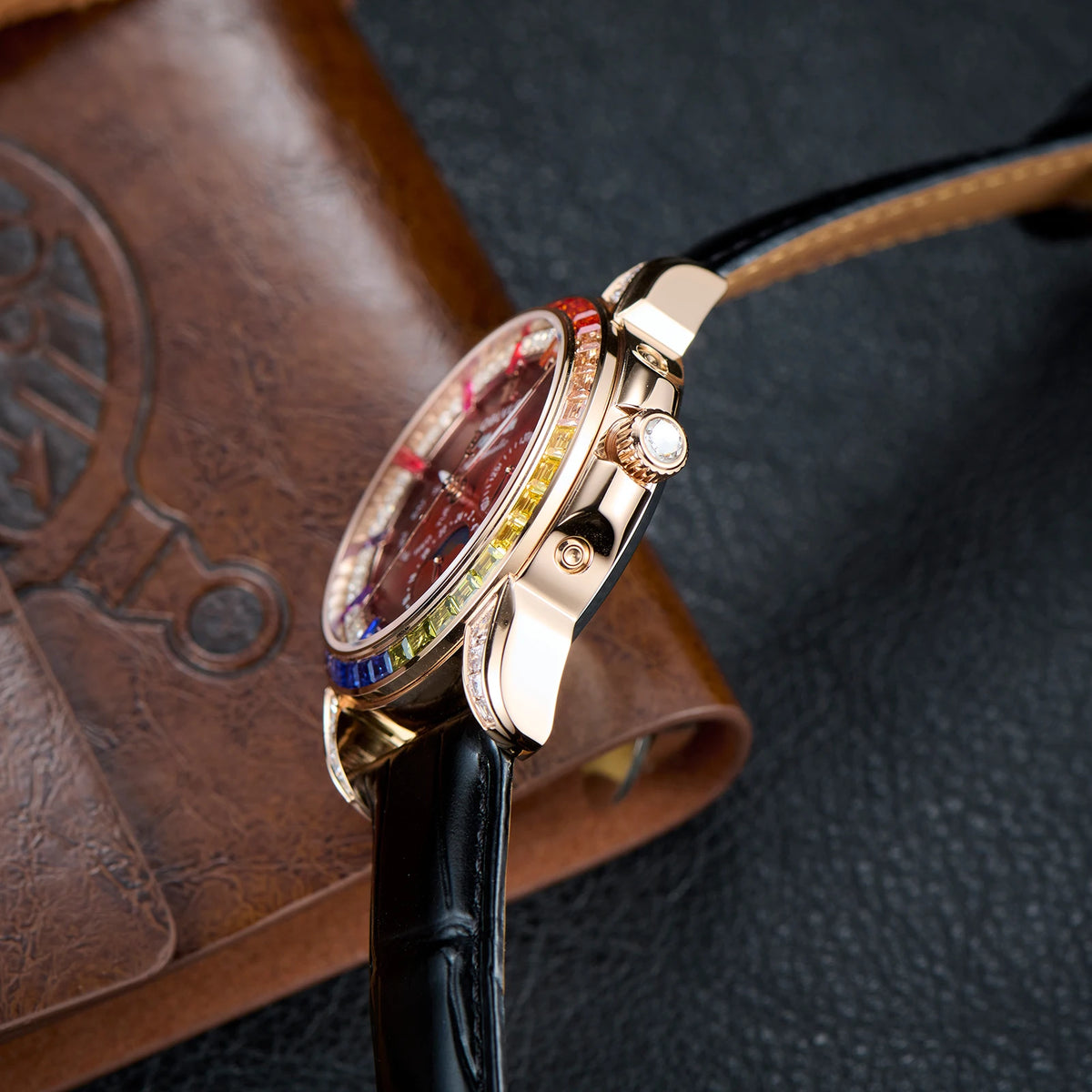 OBLVLO Men's Fashion Automatic Watch Colorful Zircon Moonphase Mechanical Multifunctional Black Leather Strap Timepiece GCM-MUT