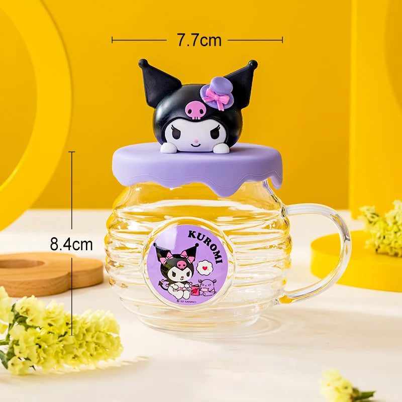 For Sanrio Kawaii Glass Cups Honey jar shape Water Cups Cartoon Kuromi& Hello Kitty& Cinnamoroll Anime Juice Milk Mug Kids Gift