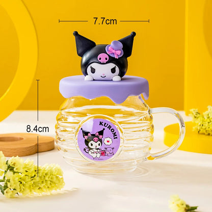 For Sanrio Kawaii Glass Cups Honey jar shape Water Cups Cartoon Kuromi& Hello Kitty& Cinnamoroll Anime Juice Milk Mug Kids Gift