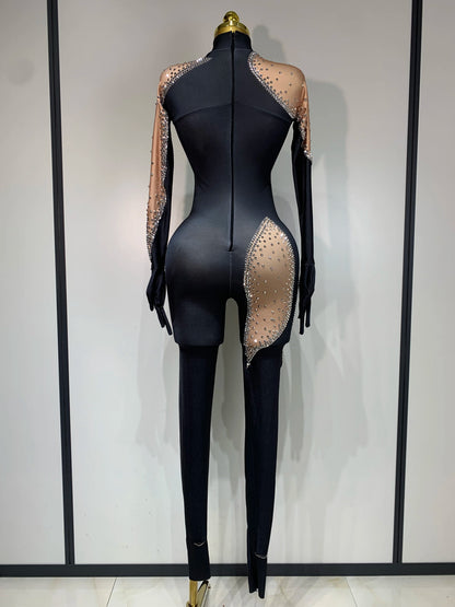 Fashion Sparkly Rhinestone Bodycon Bodysuit Female Singer Dancer Stage Perform Outfit Luxury Birthday Club Drag Queen Costume
