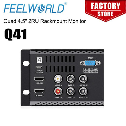 FEELWORLD Q41 Quad 4.5' 2RU Rackmount Monitor 3G-SDI 4KHDMI AV Input and Output 1280x720 Pixels