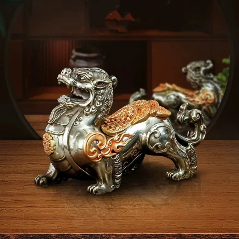 Pixiu Statue Chinese Feng Shui Pi Yao Figurine Silver Metal Sculpture Wealth Lucky Desktop Ornament Home Office Table Decor Gift