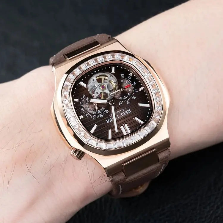 OBLVLO Men Automatic Watch Luxury 44mm Mechanical Wristwatch 50m Waterproof Sapphire Luminous Skeleton Dial 24 Hours