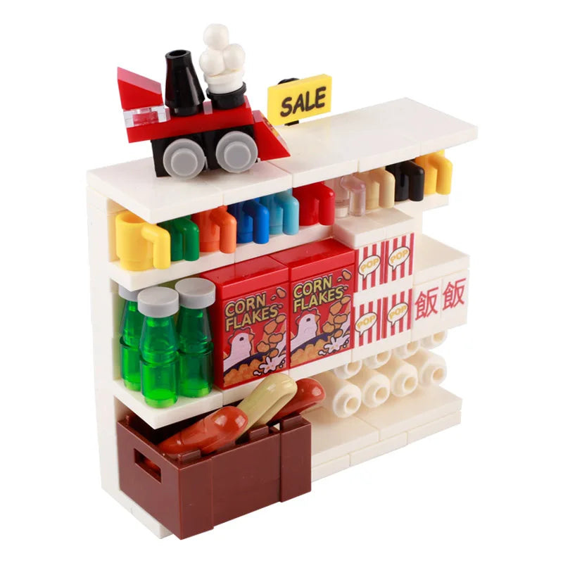 MOC City Supermarket Shop Store Building Blocks Street View Drink Food Vegetable Food Accessories Dessert Blocks Printed Bricks