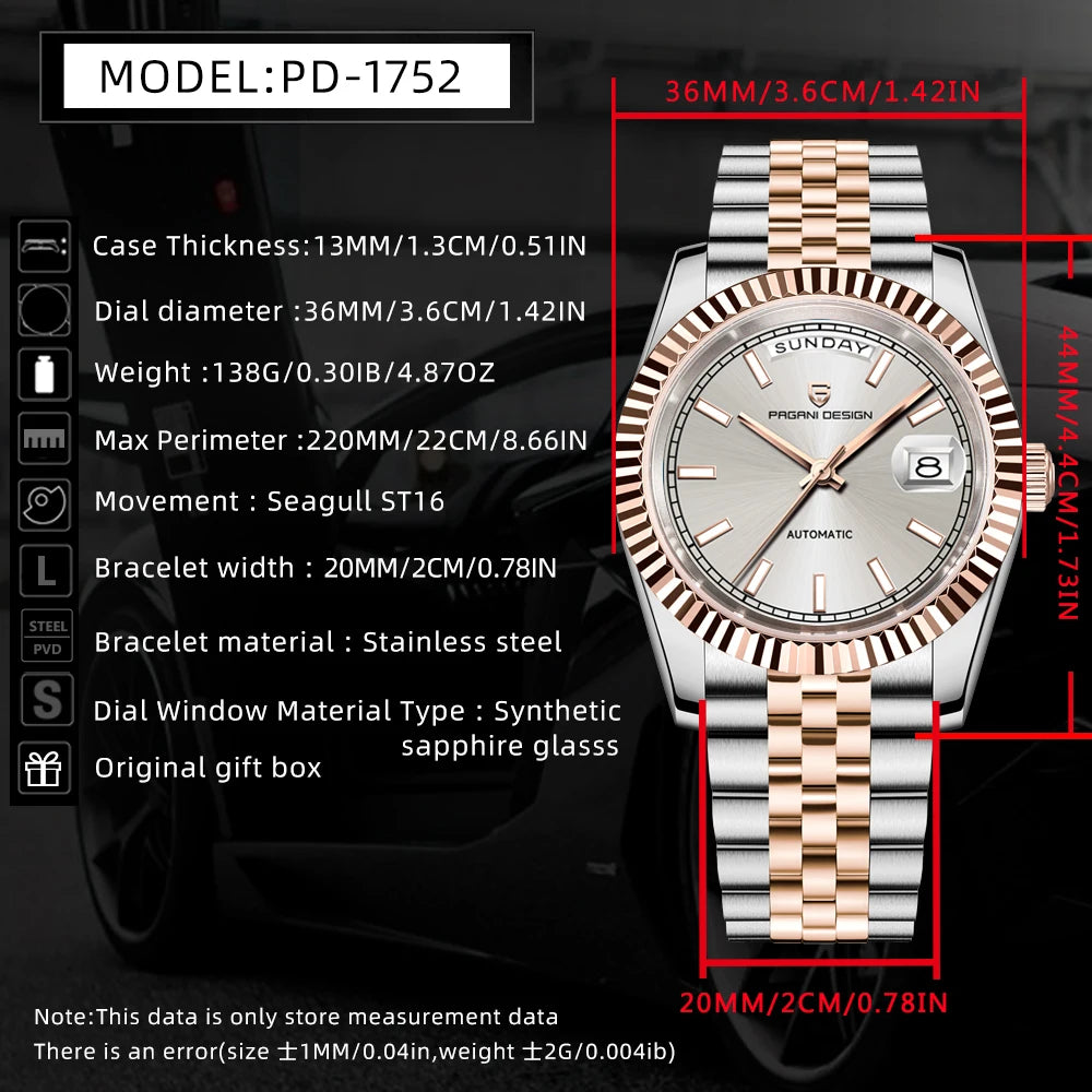 2026 New PAGANI DESIGN DD36 Men's Watches Rose Gold Automatic Watch For Men Mechanical Wristwatches AR Sapphire Luminous Clock