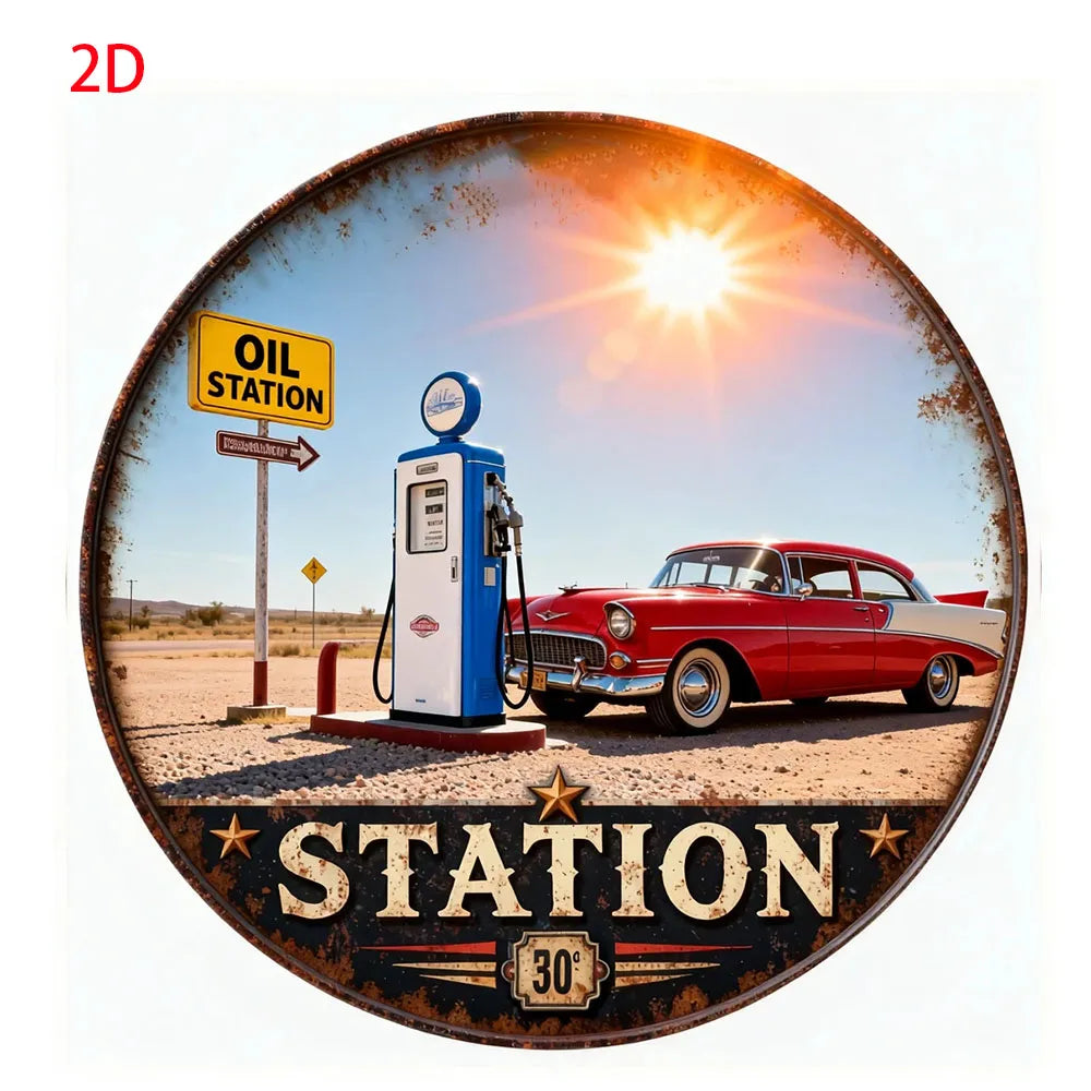 Vintage Retro Garage Aluminum Round Wall Plaque: 2D Flat Metal Sign with Classic Cars & Tools Design – for Bars, Cafes,