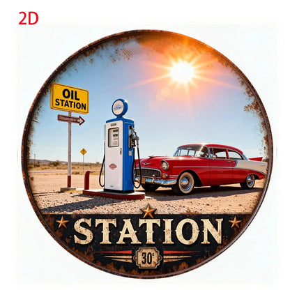 Vintage Retro Garage Aluminum Round Wall Plaque: 2D Flat Metal Sign with Classic Cars & Tools Design – for Bars, Cafes,