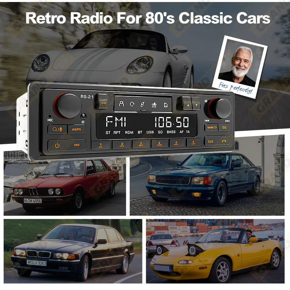 1DIN Retro Car Radio MP3 Player Stereo Bluetooth FM AM RDS Support QC3.0 For Porsche VW Benz BMW Land Rover Audi Alfa Romeo