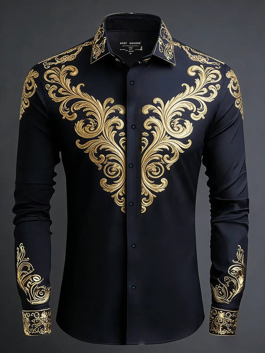 2026 Men's Light Luxury Retro Long Sleeve Shirt Gold 3D Printed Shirt Beach Vacation Outdoor Social Clothing Men Fast Shipping