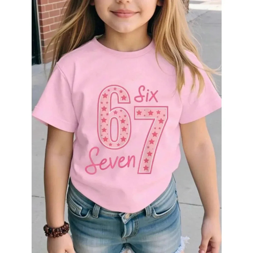 Children's 67 Christmas Elf Print Girls Short Sleeve Round Neck Tee Parties Casual Wear Comfort Children Clothes Girl Clothing