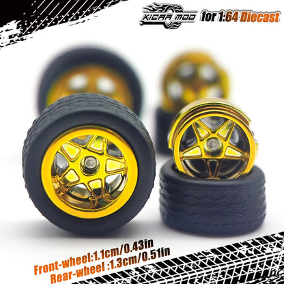 1/64 Model Car Wheels with Rubber Detachable Tires Pentagram Spoke Refitting Parts for Matchbox D:11mm+13mm 1 Set