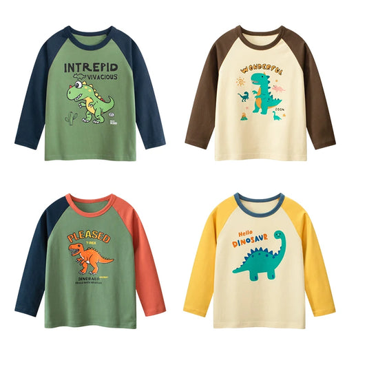 2026 Spring  Autumn Children Boys Long Sleeve T-Shirts Cartoon Dinosaur Cotton Tops 2-8 Years Kids Baby Boy Tees Toddler Clothes