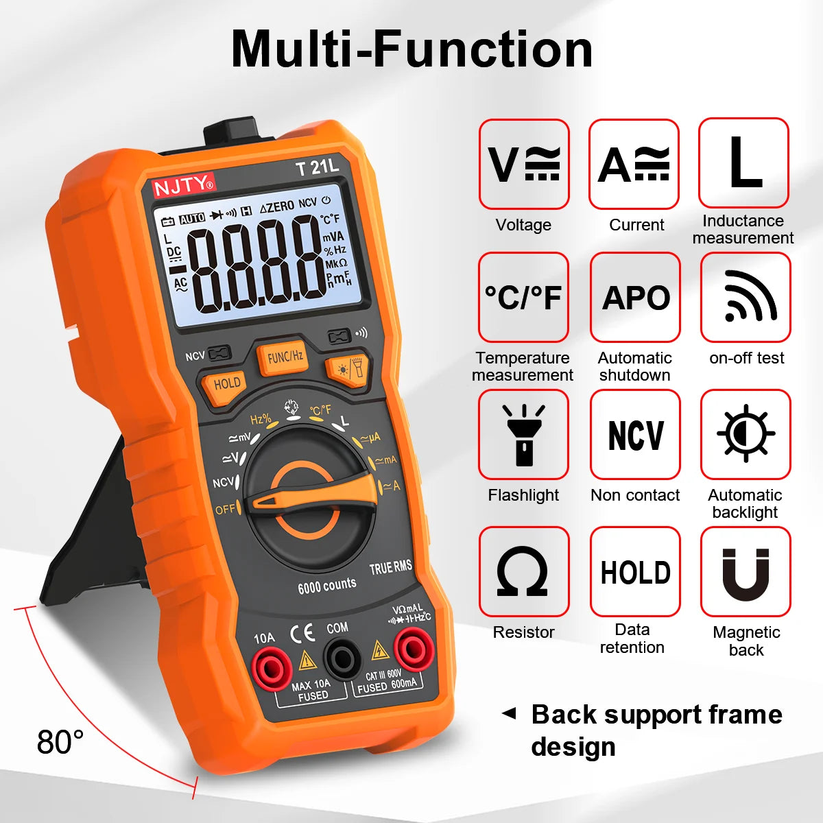 NJTY T21 Professional True RMS Digital Multimeter 6000 Counts True-RMS Auto/ Manual Range AC/DC Voltage Anti-Burn Voltmeter