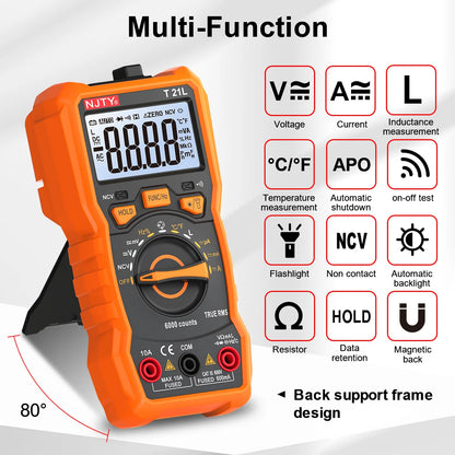 NJTY T21 Professional True RMS Digital Multimeter 6000 Counts True-RMS Auto/ Manual Range AC/DC Voltage Anti-Burn Voltmeter