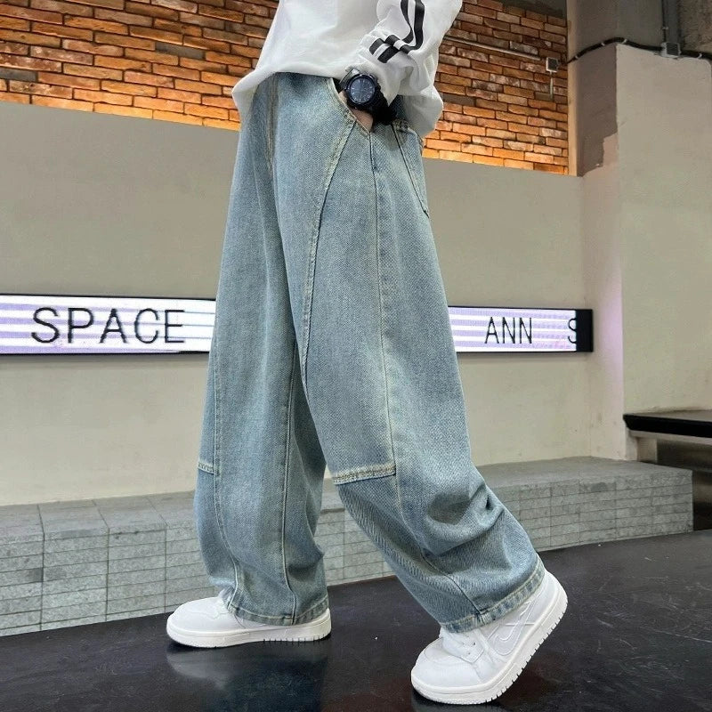 4-12Years Boys Jeans New Wide Straight Leg Denim Pant Children Spring Autumn Big Kids Handsome Cotton Sports Pants
