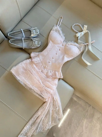 Sweet Coquette Sexy Light Pink Lace Ruffle Cami Top & Asymmetric Bodycon Skirt 2 Piece Set For Women Girls Club Party Daily Wear