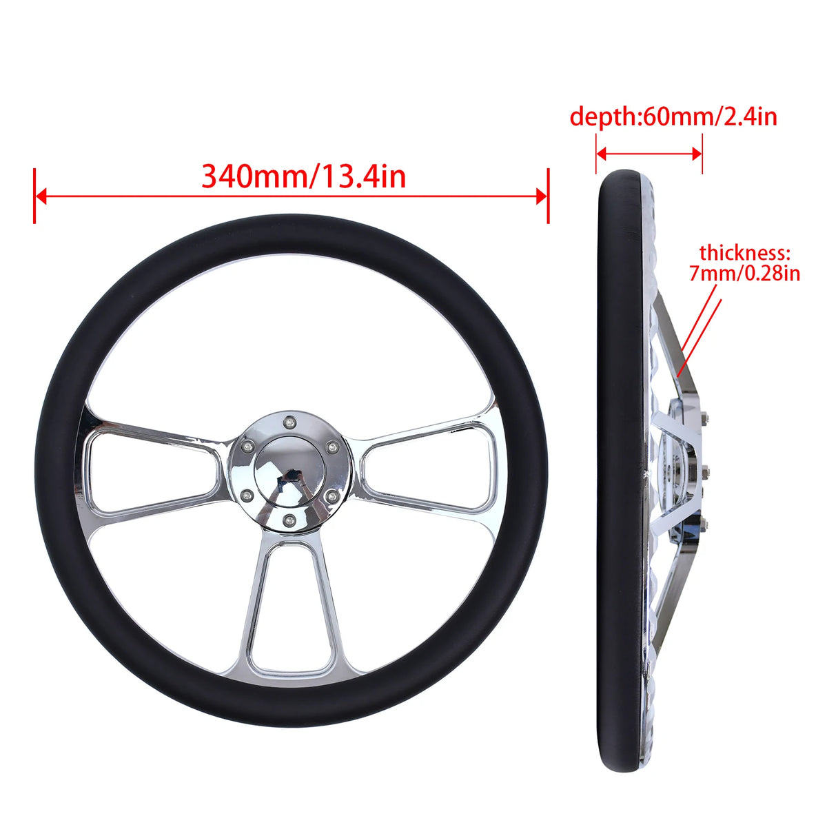 Universal 14 Inch 350mm Classic Retro Microfiber Leather Steering Wheel Black Chrome Plated Three Spoke Bracket 7mm Thick