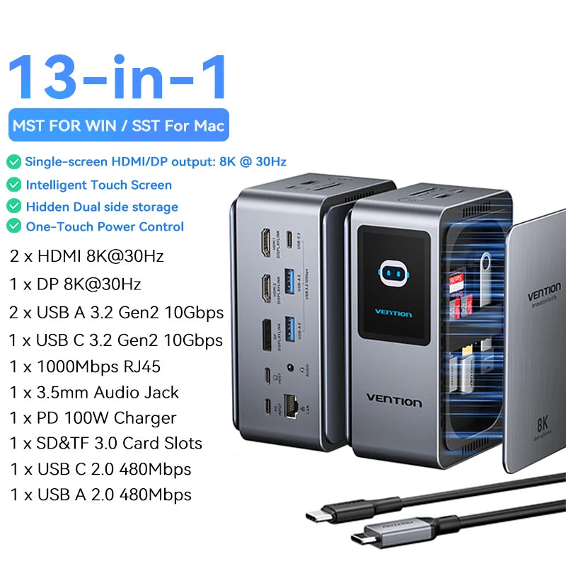 Vention 13 in 1 USB C 8K@30Hz MST Docking Station Smart Screen USB 3.2 10Gbps Adapter Hub for Windows MacBook Pro HP Dell Laptop