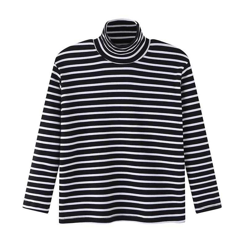 Autumn And Winter Children's Fashion Striped High Neck Long Sleeved Base Shirt Boys' Casual Sports Top Girls' Versatile Warm T