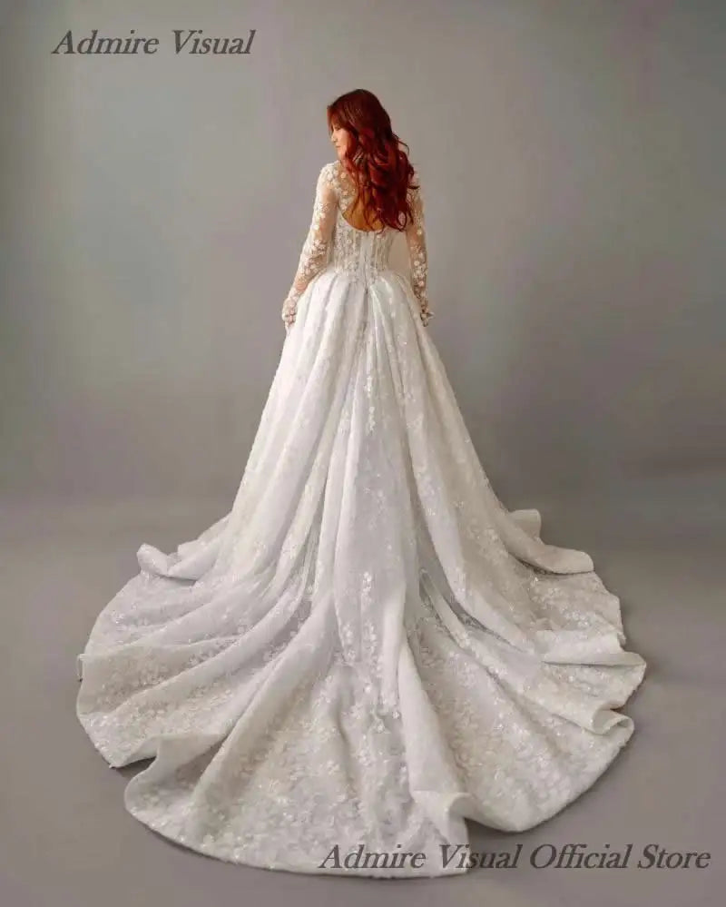 Admire Visual Wedding Dress A-Line Lace Detachable Sleeves Draped With Split On The Leg  Customized Bride Gown